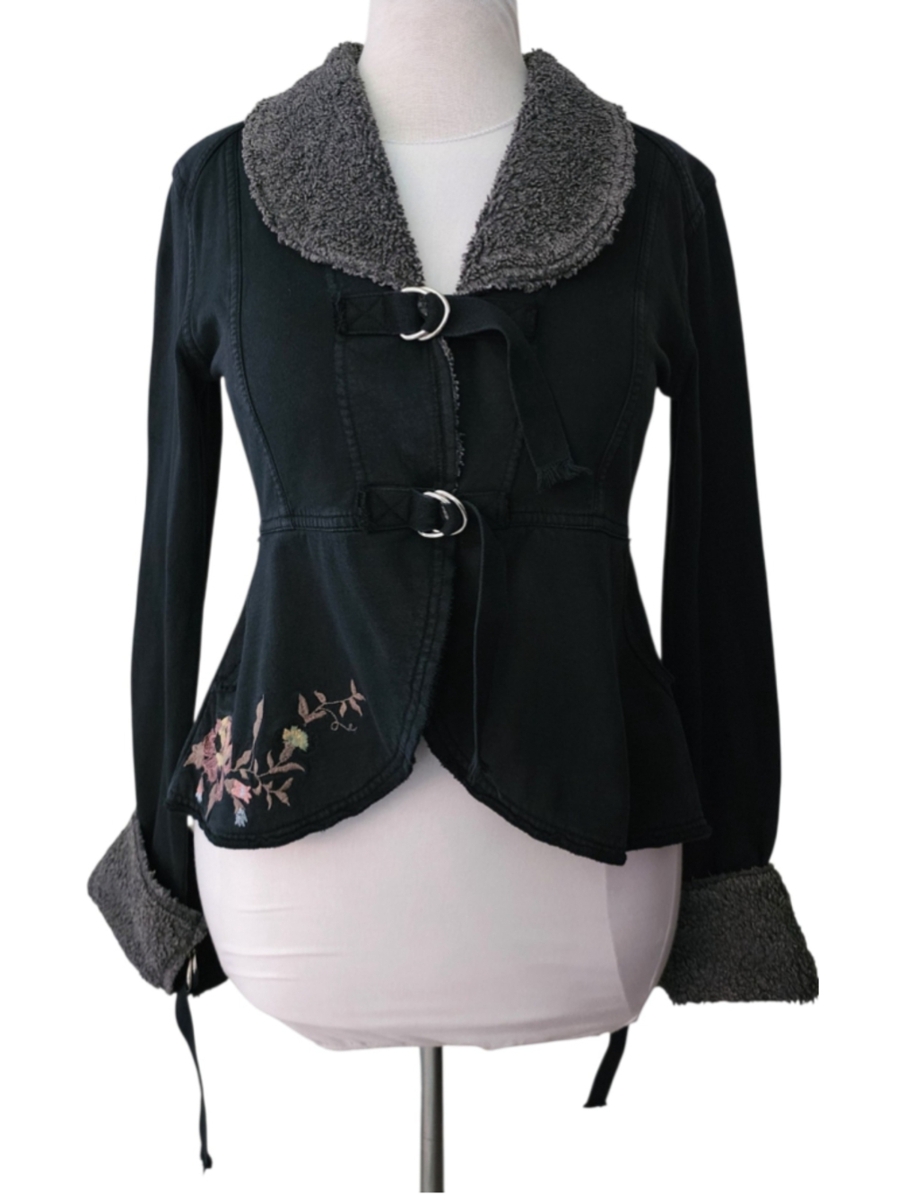 Hard Tail Forever Black Embroidered Floral Sherpa Collar Peplum Jacket L Y2K